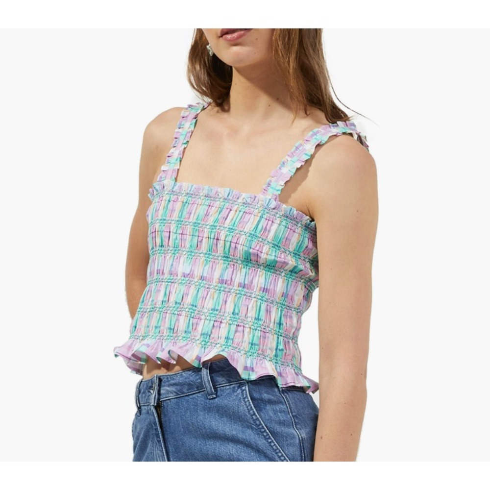 French Connection Womens Bibiana Ruffled Smocked Short Tank Cropped Sz 8 NEW